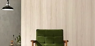 A minimalist interior with light woodgrain textured wallpaper